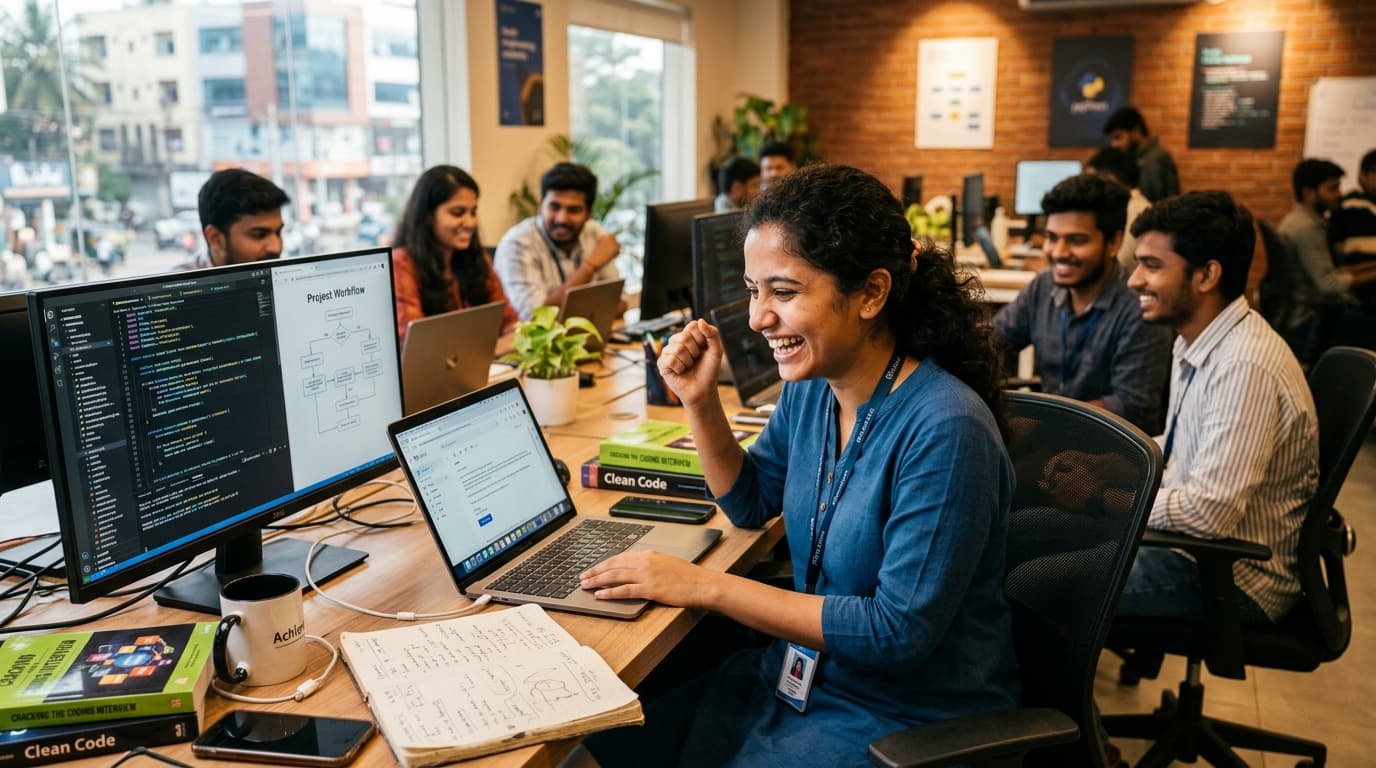 A young engineering graduate in India planning their job search strategy for fresher engineering roles on a laptop.