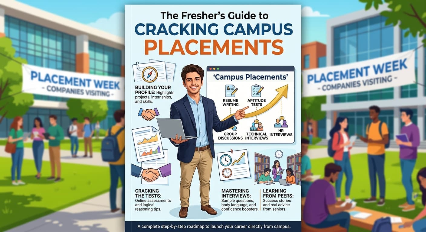 A young Indian graduate successfully cracking a campus placement interview, guided by a fresher's guide.