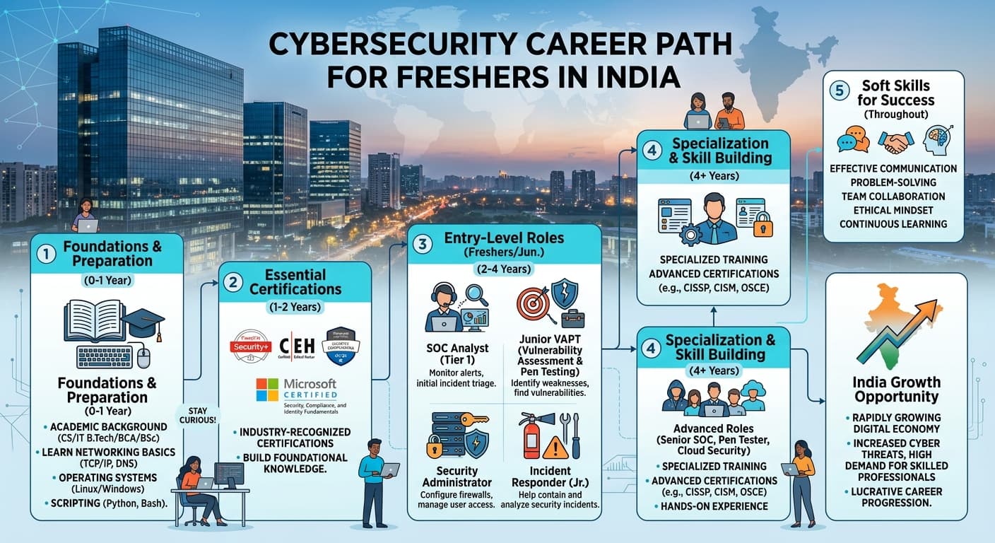 A young Indian professional on their cybersecurity career path, studying network diagrams on a computer screen.
