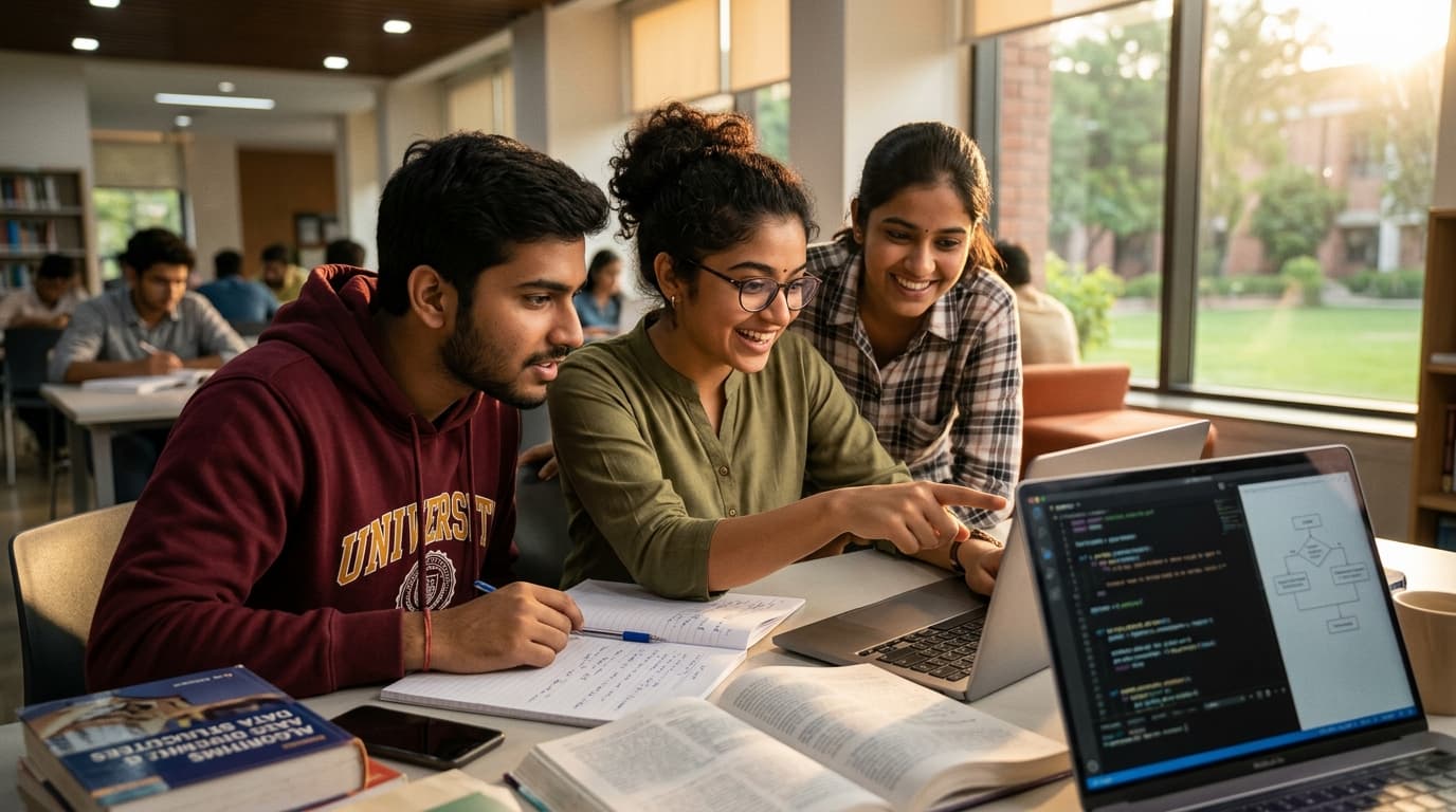 A group of Indian students looking confident and prepared while waiting for their campus placement interviews to begin.